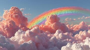 Colorful rainbow arching through fluffy pink clouds at sunset over a serene sky photo