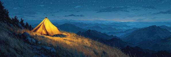 Camping under a starry sky with a bright tent on a mountain at night photo