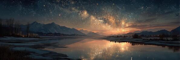 Night sky over tranquil lake with reflections of stars and mountains during winter photo