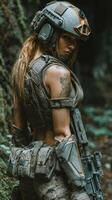 Combat-ready warrior in tactical gear poses in a forested environment during daylight hours photo