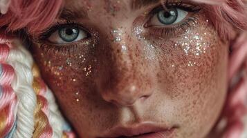 Portrait of a young person with glitter freckles and pastel braided hair, showcasing unique beauty and vibrant expression in soft lighting photo