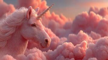 Magical unicorn standing in fluffy pink clouds during a serene sunset in a whimsical fantasy landscape photo