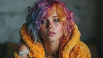 Young woman with vibrant multicolored hair posing indoors in a cozy setting during the evening while wearing a fluffy yellow jacket photo