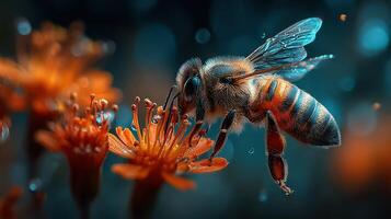 Close-up view of a bee pollinating vibrant orange flowers on a sunny afternoon in a garden photo
