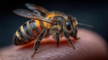 Close-up view of a honeybee resting on a human finger during the afternoon in a natural setting photo