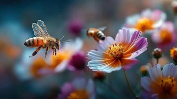 Bees pollinating colorful flowers in a vibrant garden during springtime under bright sunlight photo