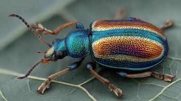 Colorful beetle resting on a leaf showcasing intricate details and vibrant hues during daylight in a natural habitat photo