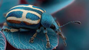 Bright blue and gold beetle resting on a leaf in a vibrant garden setting during daylight photo