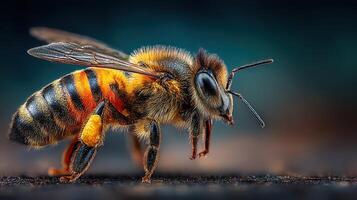 Close-up of a honey bee showcasing intricate details and textures in its wings and body during early morning hours photo