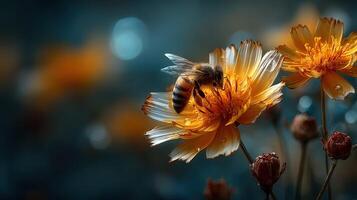 Bees pollinating vibrant orange flowers in a sunny garden setting during the early morning hours photo