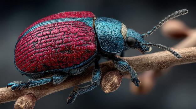 Colorful beetle resting on a twig in macro detail showcasing vibrant colors and intricate patterns photo
