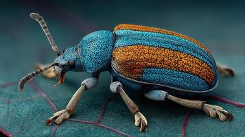 Colorful beetle resting on a leaf in a tropical environment with striking patterns and vibrant colors photo