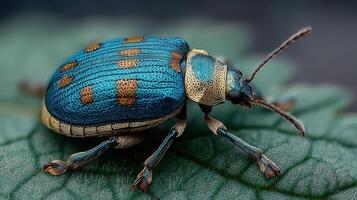 Blue beetle resting on green leaf under soft natural light in a vibrant garden setting photo