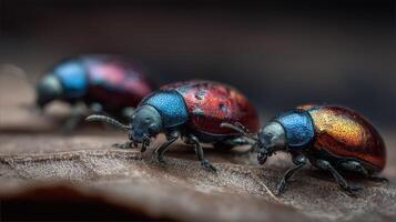 Colorful beetles crawling on a leaf in a natural habitat during daylight photo