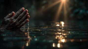 Hands in prayer above tranquil water reflecting soft light at dawn with gentle ripples and serene atmosphere photo