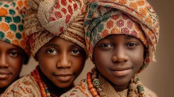 Cultural celebration featuring children in traditional attire and unique headwraps showcasing artistic expressions in a vibrant setting photo