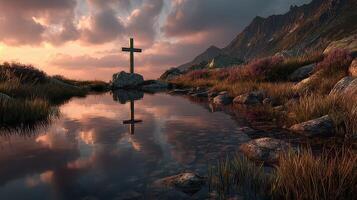 Dramatic sunset reflects on serene pond with cross by the mountainside photo