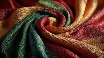 Vibrant fabric showcasing intricate weaving patterns with bold colors in a close-up view photo