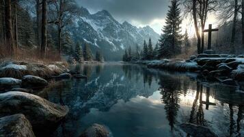 Scenic winter landscape features a serene river reflecting mountains and trees in a tranquil setting at dusk photo