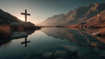 Reflection of a cross at dawn near a serene lake surrounded by mountains in a tranquil landscape photo