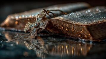 Intricate cross resting on an ornate Bible adorned with droplets reflecting soft evening light photo