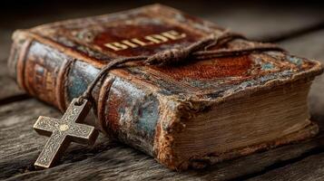 Old leather-bound book with a cross resting on a wooden table in warm light photo