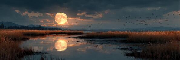 Bright full moon illuminating a tranquil wetland at dusk with silhouetted mountains in the background photo