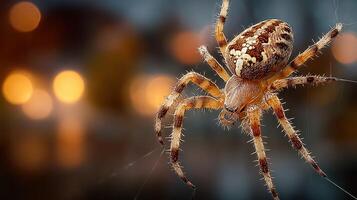 Close-up view of a spider weaving its intricate web in a dimly lit environment during twilight hours photo