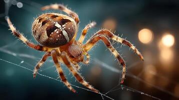 Close-up view of a spider weaving its intricate web in a dimly lit environment at night photo