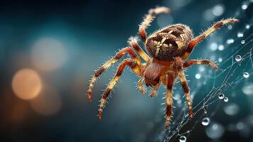 Close-up of a brown spider weaving a web with dew drops reflecting light in a forest during early morning photo
