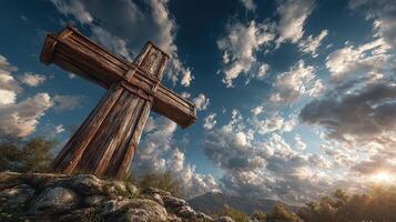 Giant wooden cross stands tall against a dramatic sky during sunset in a remote mountainous area photo
