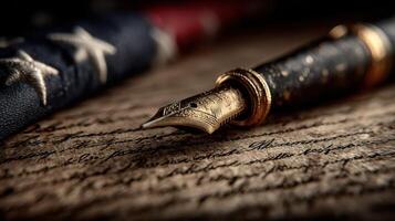 Elegant fountain pen resting on aged parchment beside a vintage American flag evokes a sense of history and nostalgia photo