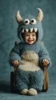 Cute child dressed as a monster in a cozy outfit smiling while seated in a wooden chair photo