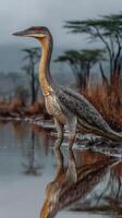 Large prehistoric bird stands by water's edge in a serene landscape during early morning light photo