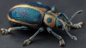 Colorful beetle displaying vibrant blue and gold patterns on its body, captured up close in a studio setting photo