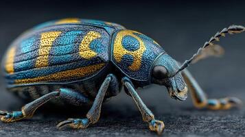 Unusual beetle with vibrant blue and gold pattern captured in macro close-up detail photo
