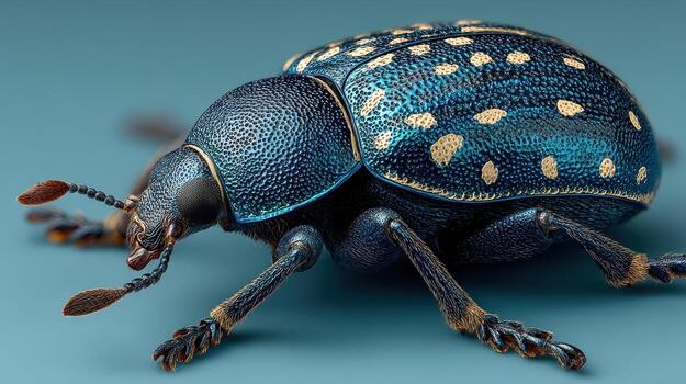 Close-up view of a vibrant beetle with striking blue and gold colors captured on a smooth background photo
