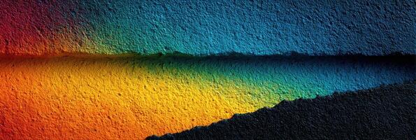 Vibrant gradient colors blend on textured wall surface during evening light photo