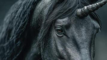 Majestic black unicorn with flowing mane in a mystical forest during twilight hours photo