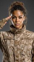 Female soldier saluting with confidence in camouflage uniform against a simple gray backdrop photo