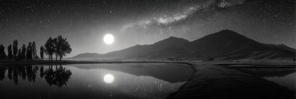 Night sky reveals moonlit reflection over lake with mountains in the background during tranquil evening hours photo