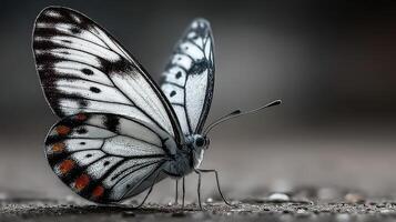 Butterfly perched on a wet surface showcasing intricate patterns and delicate features during early morning hours photo