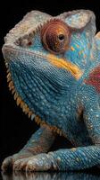 Colorful chameleon displays vibrant scales with unique patterns under studio lighting photo