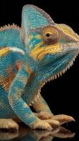 Colorful chameleon perched on glass showcasing vibrant textures and patterns during a detailed study session photo