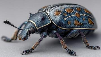 Colorful metallic beetle showcasing intricate patterns in a close-up view under soft lighting photo