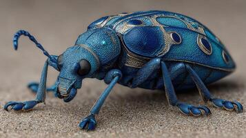 Detailed close-up of a blue metallic beetle exploring a textured surface in nature photography photo