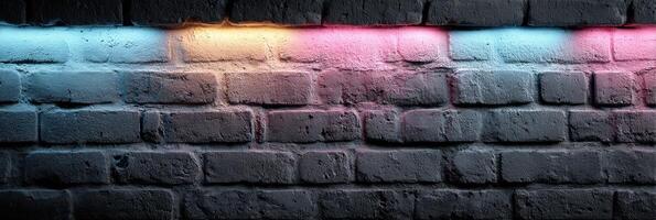 Vibrant neon lights illuminating a textured brick wall in an urban setting during nighttime hours photo
