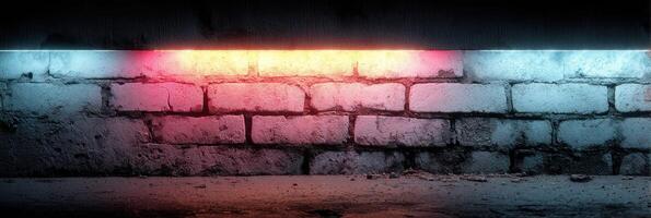Vibrant neon lighting illuminating a textured brick wall at night in an urban setting photo