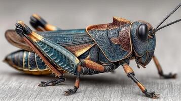 Detailed close-up of a grasshopper showcasing vibrant textures and colors on a light background during daylight photo