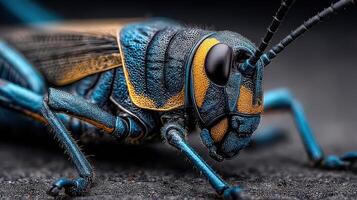Brightly colored insect captured in intricate detail with focus on texture and features in a studio setting photo